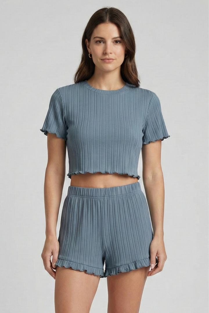 Women’s Top and Shorts Set with Round Neck and Ruffle Hem