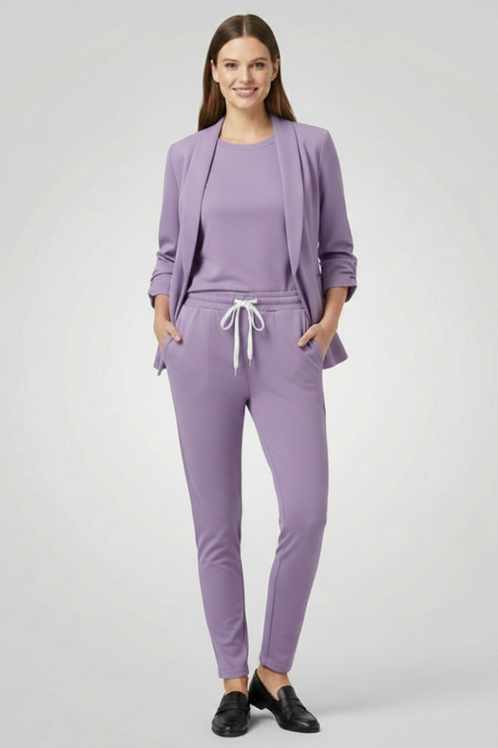 Women’s Trouser Set with Lapel Collar and Elastic Waistband
