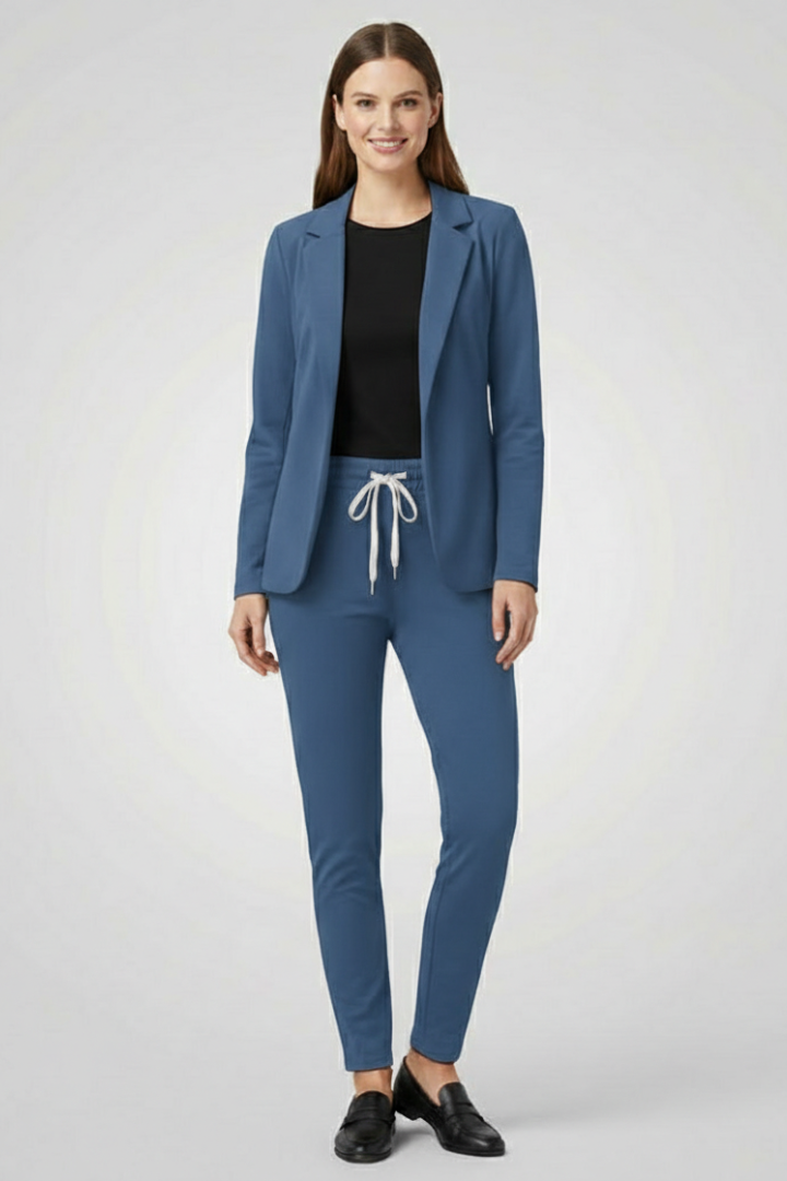 Women’s Trouser Set with Lapel Collar and Elastic Waistband