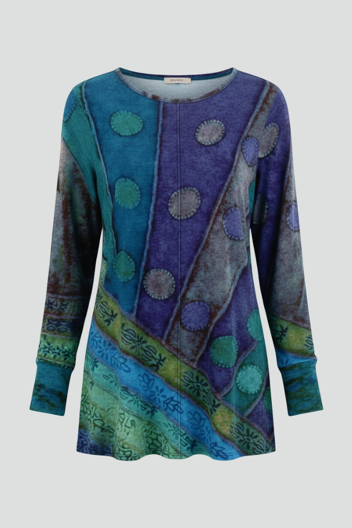 Women’s Tunic Top with Patchwork Pattern and Ribbed Cuffs