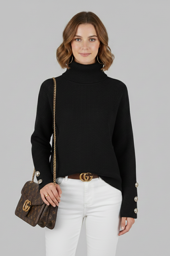 Women's Turtleneck Jumper with Buttoned Sleeves and Long Sleeves