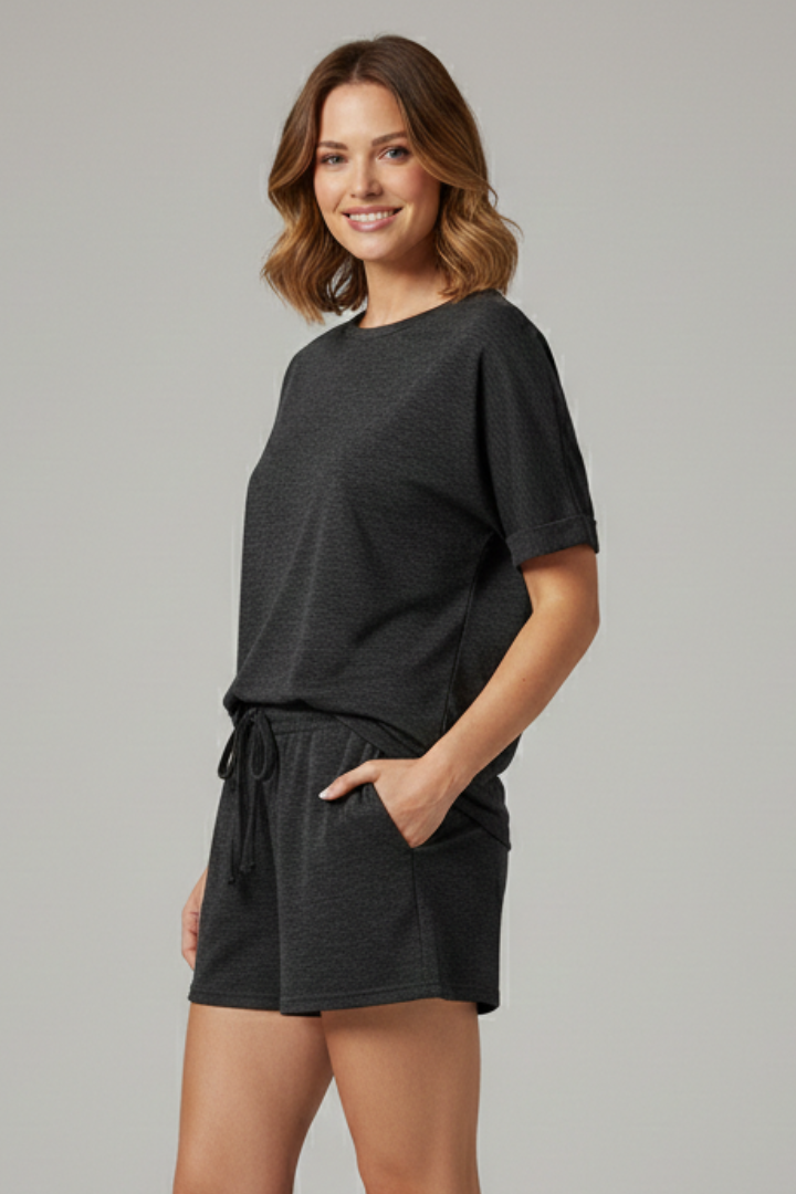 Women’s Two-Piece Set with Batwing Top and Drawstring Shorts