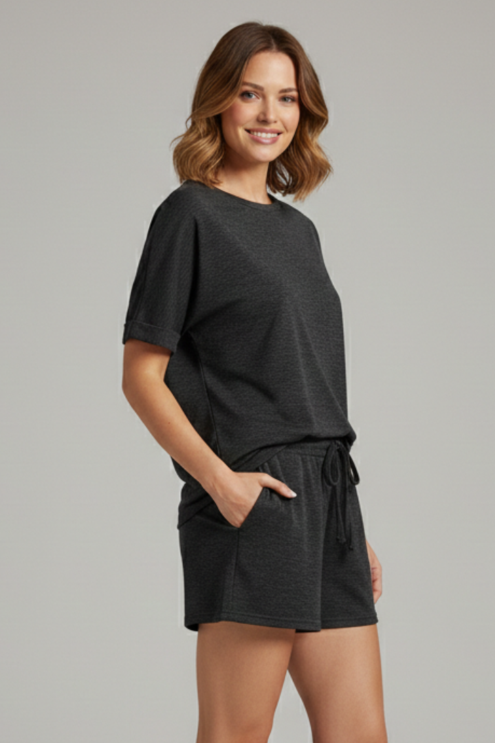 Women’s Two-Piece Set with Batwing Top and Drawstring Shorts