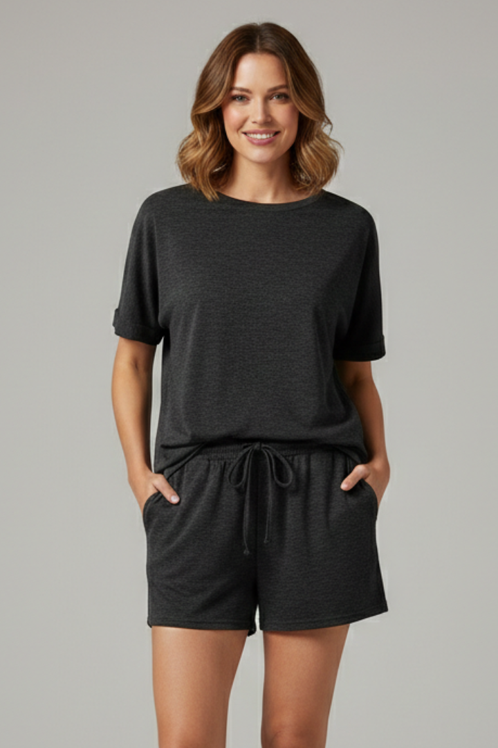 Women’s Two-Piece Set with Batwing Top and Drawstring Shorts