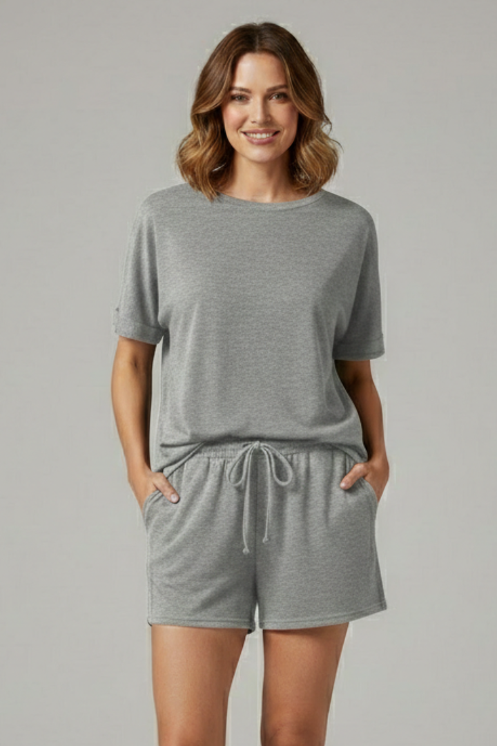 Women’s Two-Piece Set with Batwing Top and Drawstring Shorts