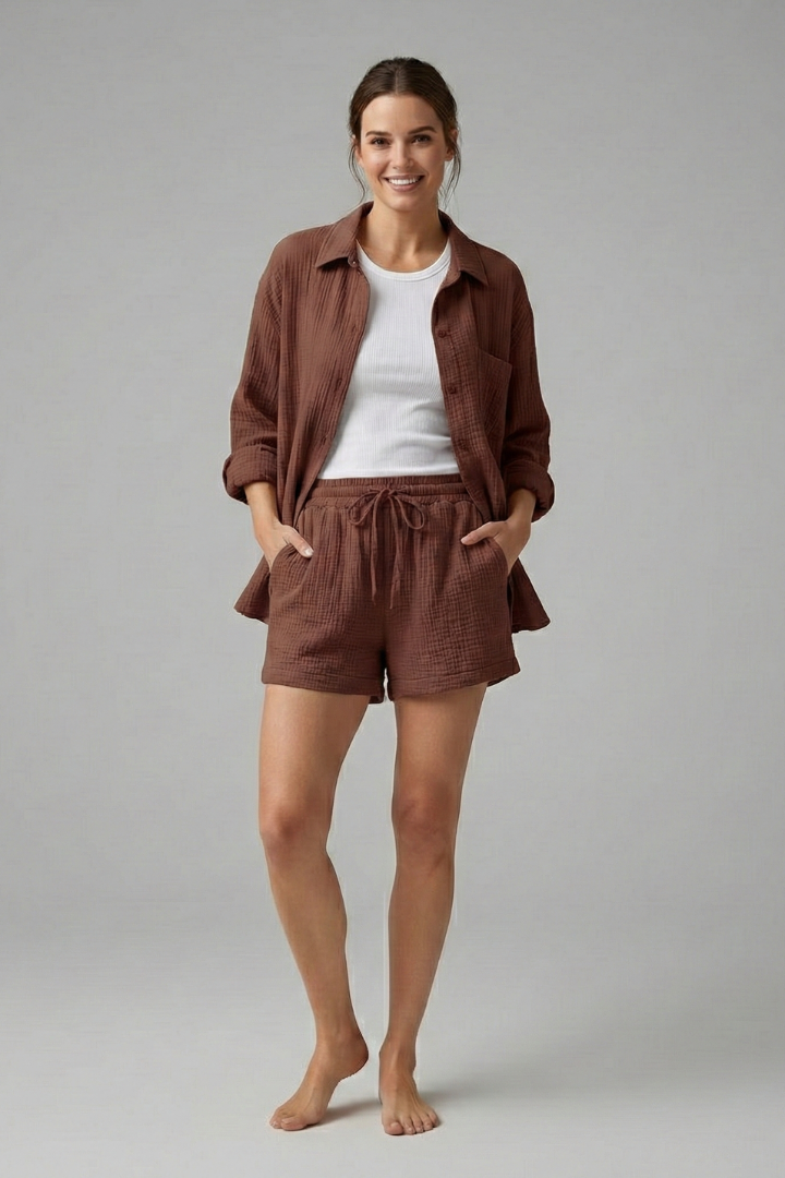 Women’s Two-Piece Set with Button Shirt and Drawstring Shorts