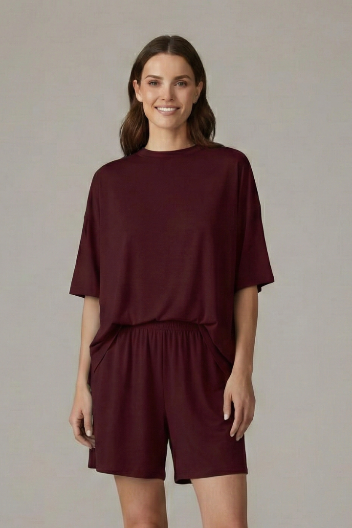 Women’s Two-Piece Set with Crew Neck Top and Loose Shorts