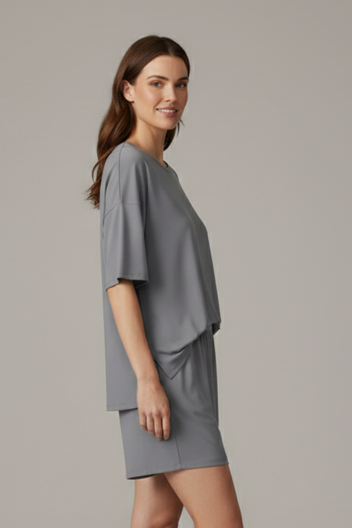 Women’s Two-Piece Set with Crew Neck Top and Loose Shorts