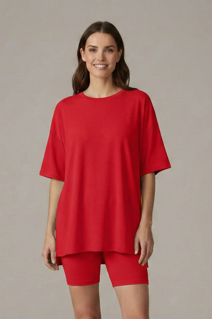 Women’s Two-Piece Set with Crew Neck Top and Loose Shorts