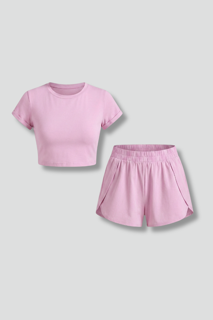 Women’s Two-Piece Set with Cropped T-Shirt and Elastic Shorts