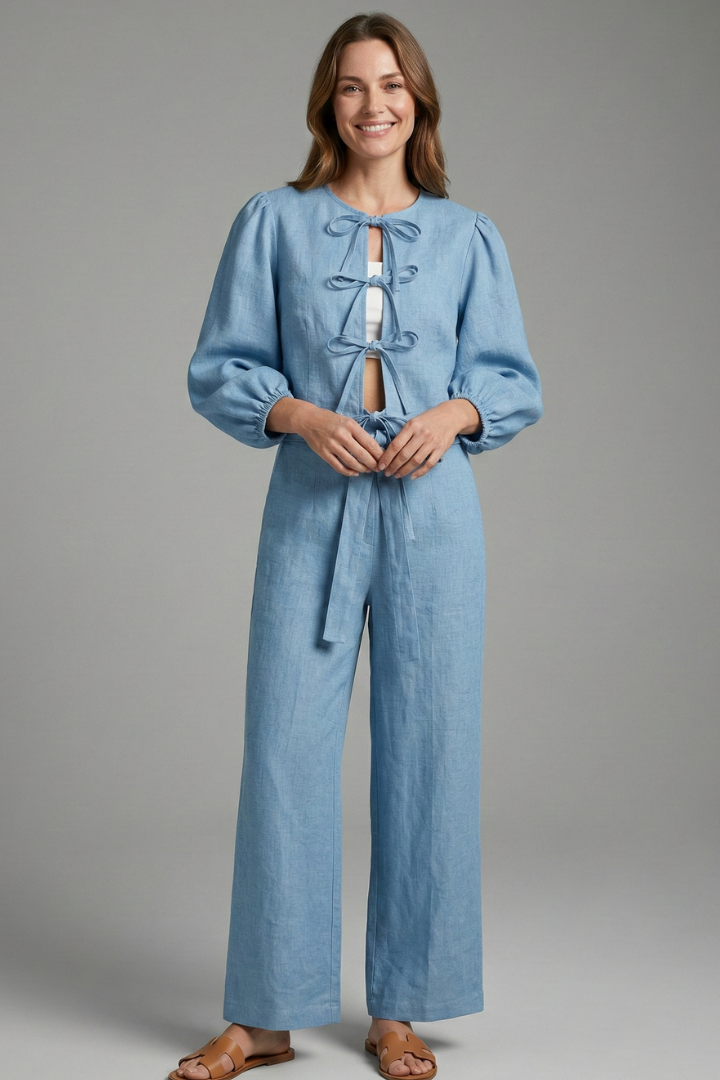 Women’s Two-Piece Set with Lace-Up Top and Elastic Waist Skirt