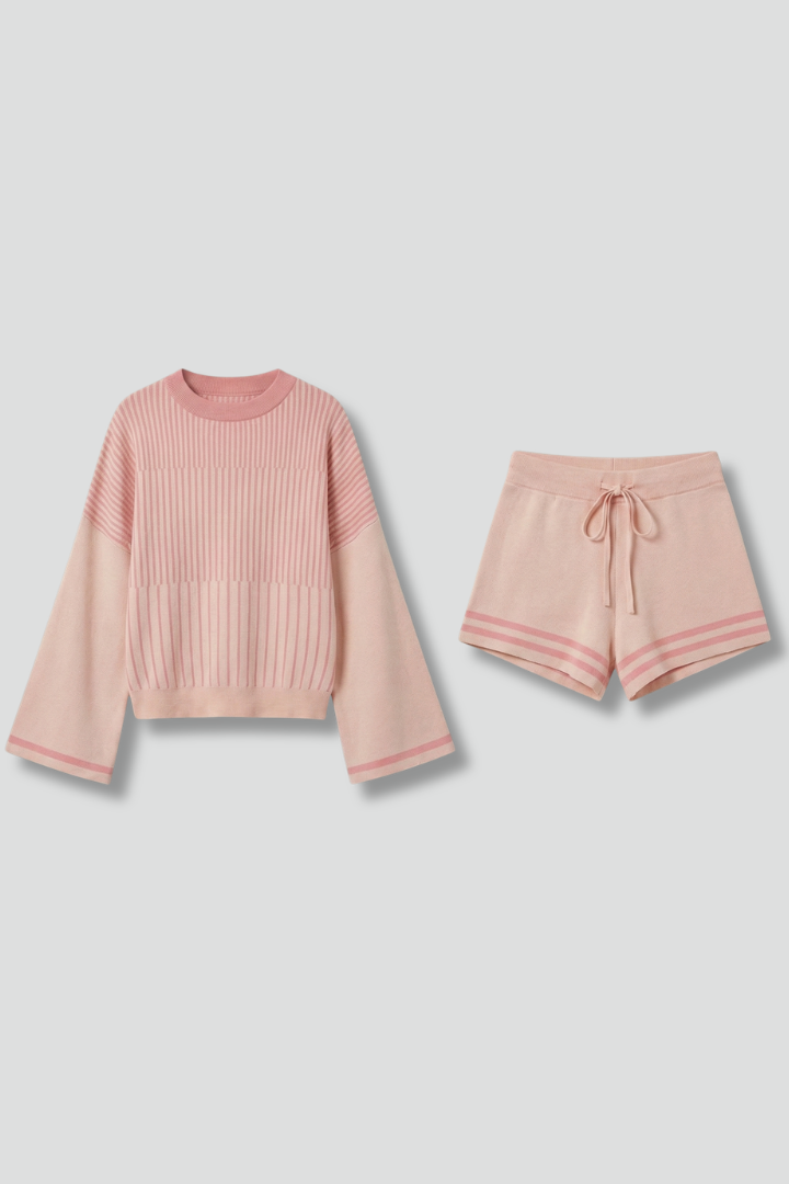 Women’s Two-Piece Set with Long Sleeve Top and Drawstring Shorts