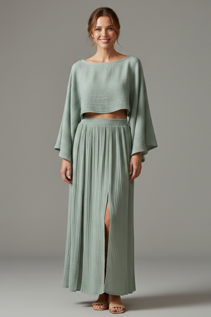 Women’s Two-Piece Set with Long Sleeve Top and Maxi Skirt