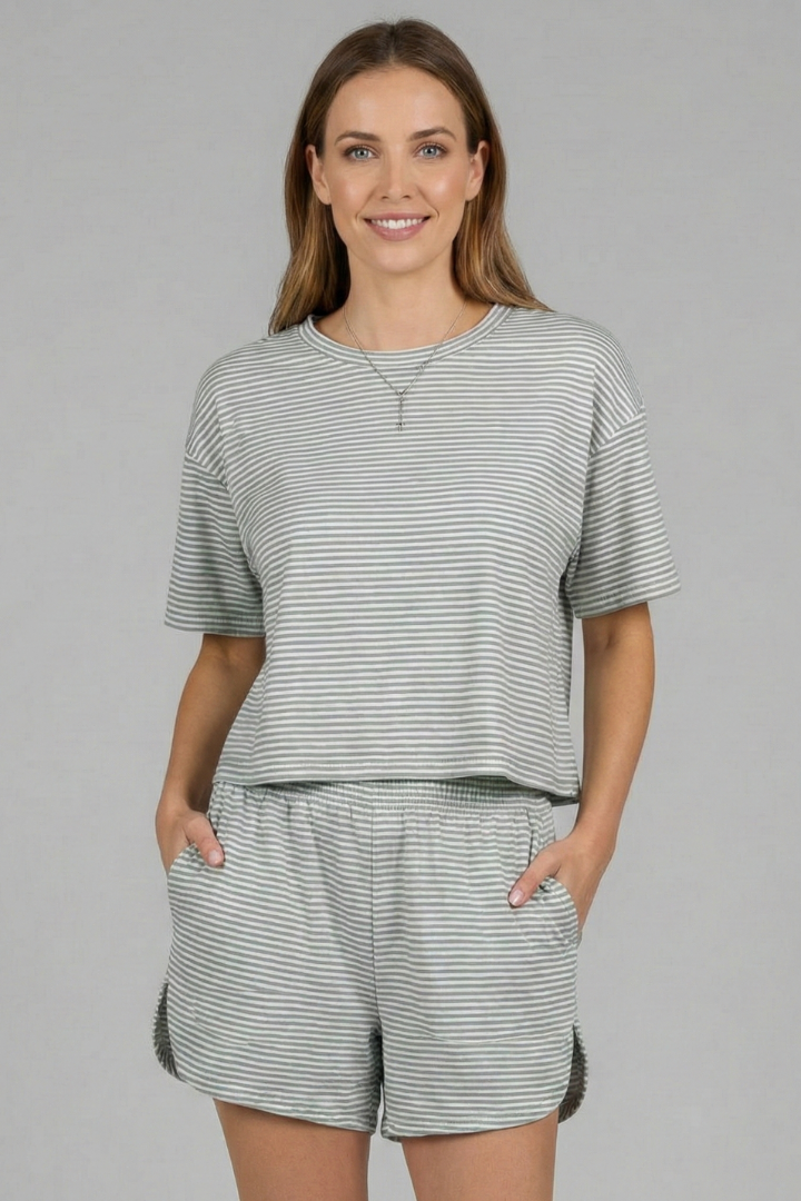 Women’s Two-Piece Set with Short Sleeve Top and Elastic Shorts