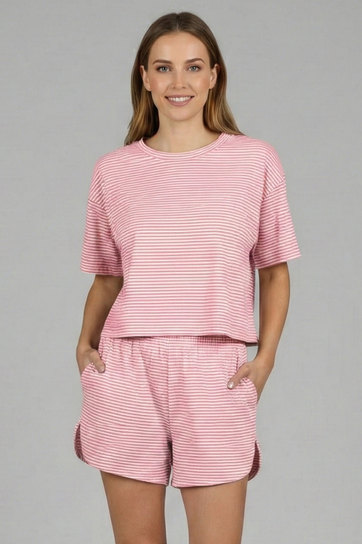Women’s Two-Piece Set with Short Sleeve Top and Elastic Shorts