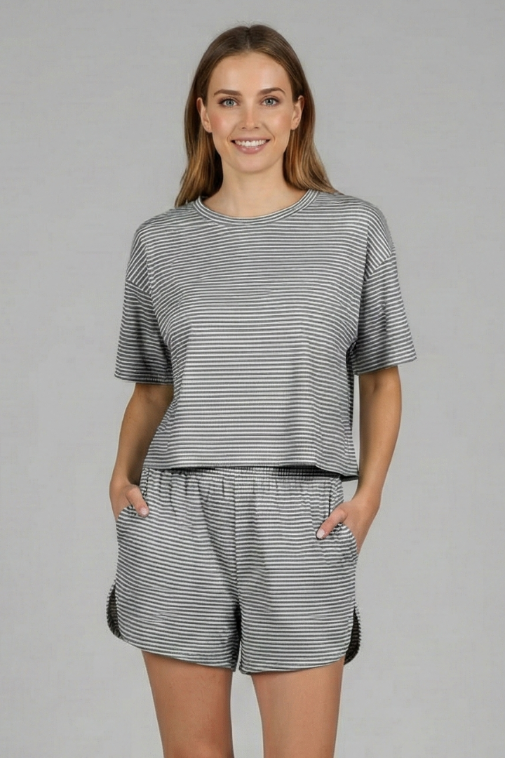 Women’s Two-Piece Set with Short Sleeve Top and Elastic Shorts