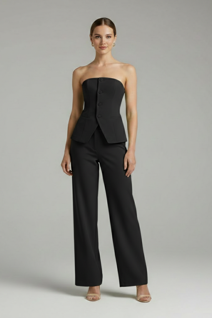 Women’s Two-Piece Set with Strapless Top and Wide-Leg Trousers