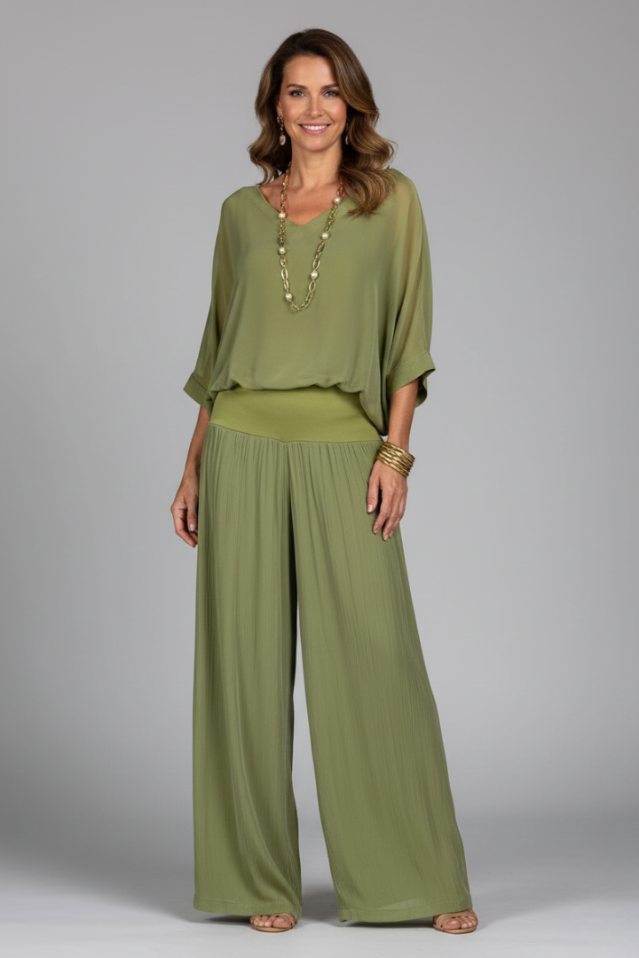 Women’s Two-Piece Set with Top and Wide-Leg Chiffon Trousers