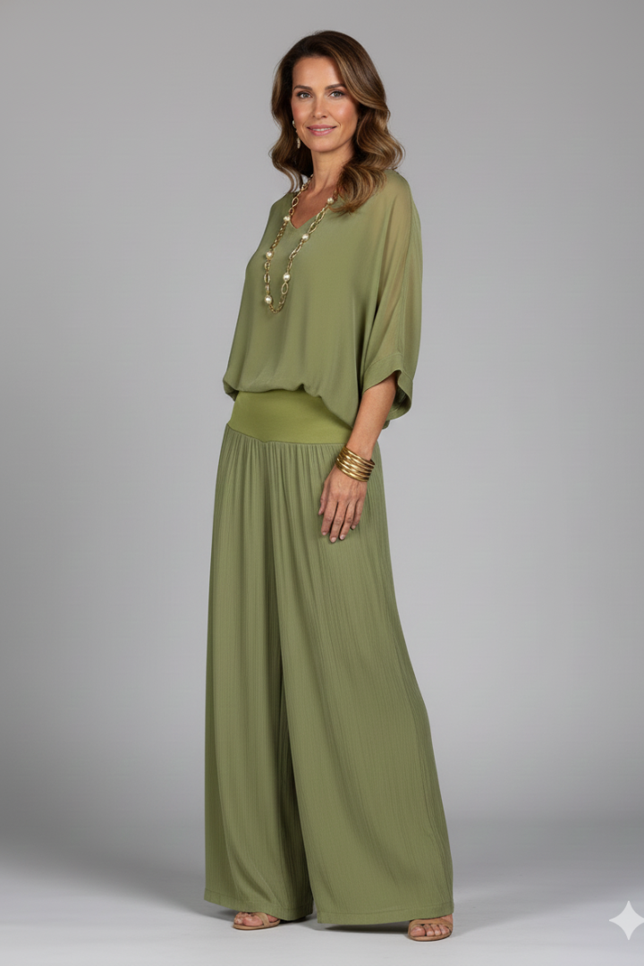 Women’s Two-Piece Set with Top and Wide-Leg Chiffon Trousers