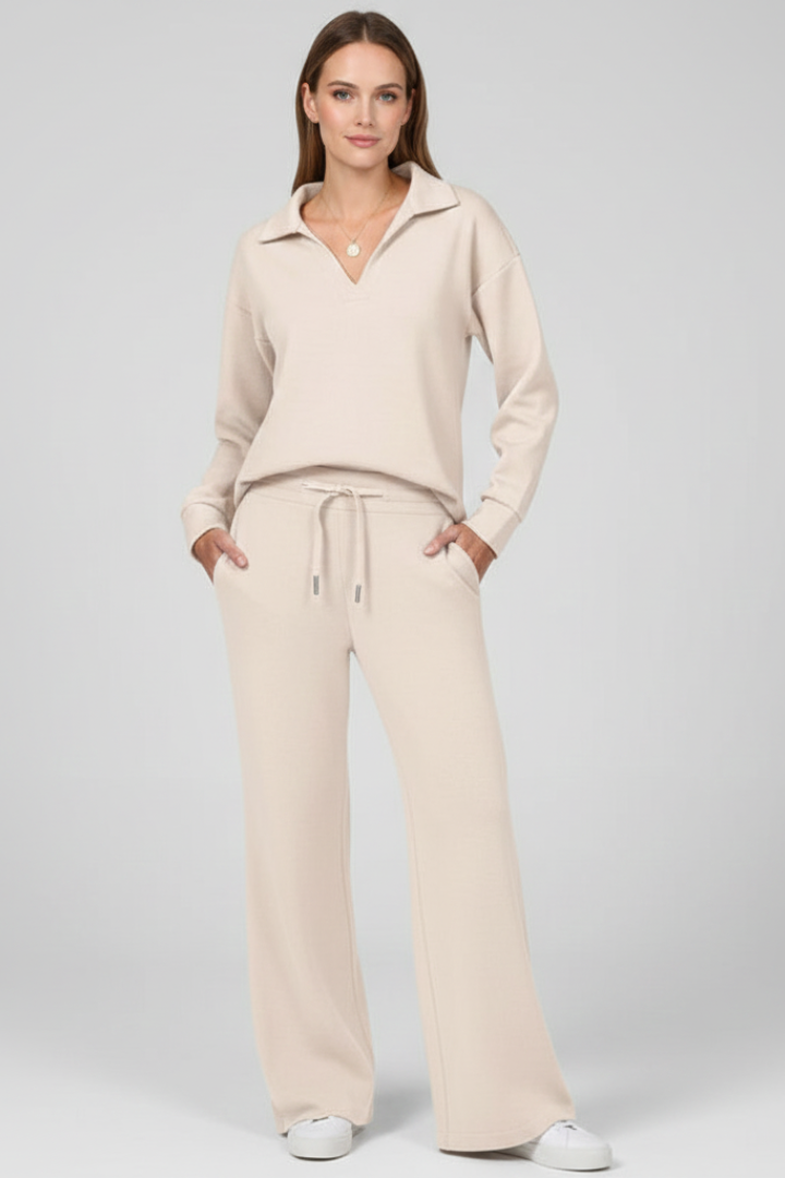 Women’s Two-Piece Set with V-Neck Top and Drawstring Trousers