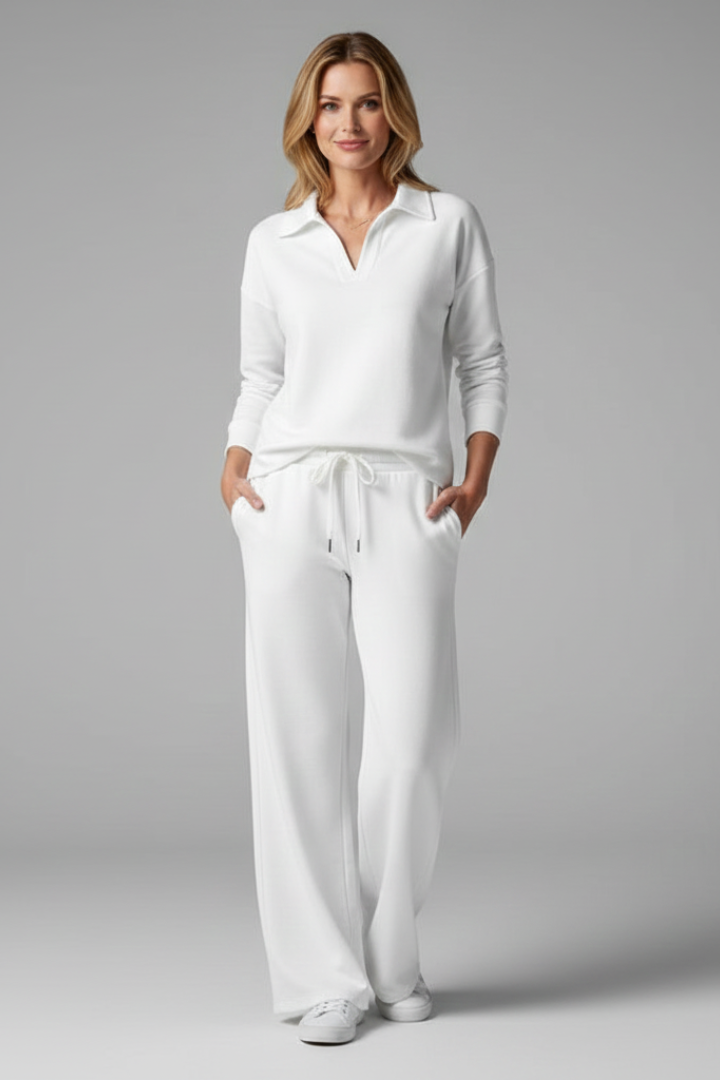 Women’s Two-Piece Set with V-Neck Top and Drawstring Trousers