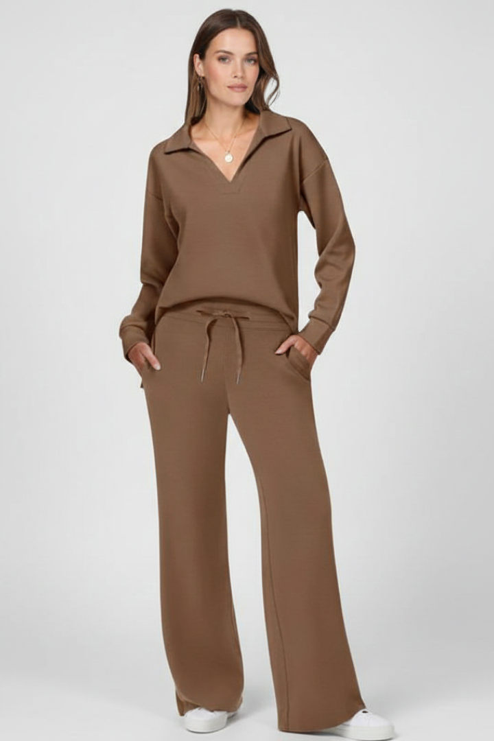 Women’s Two-Piece Set with V-Neck Top and Drawstring Trousers