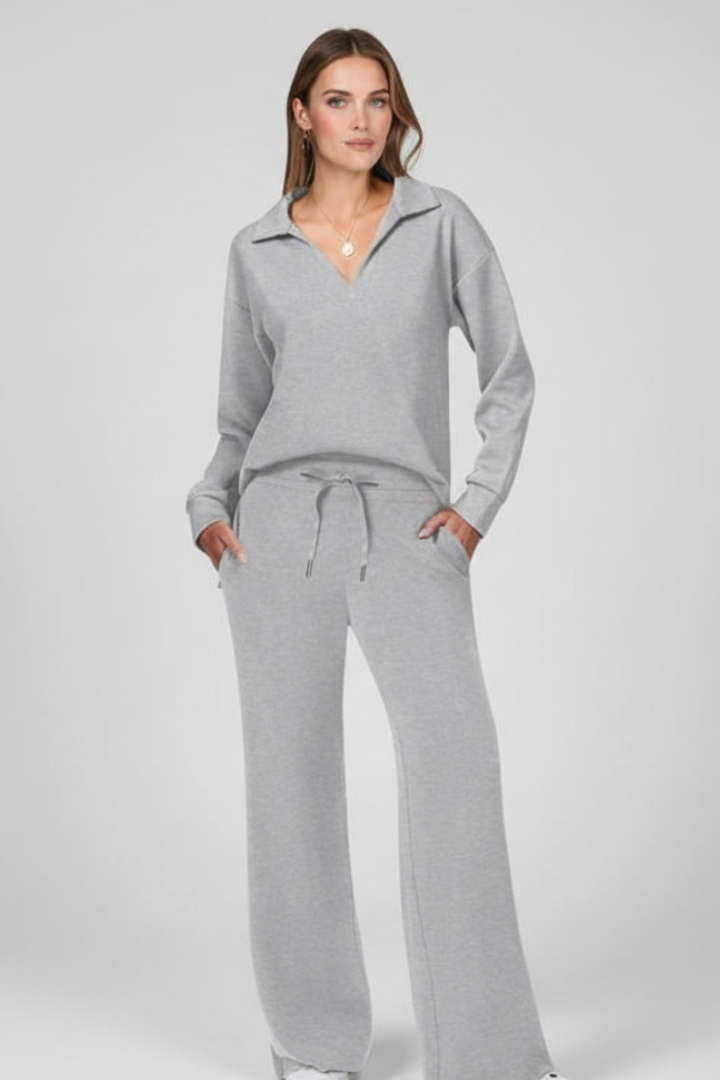Women’s Two-Piece Set with V-Neck Top and Drawstring Trousers