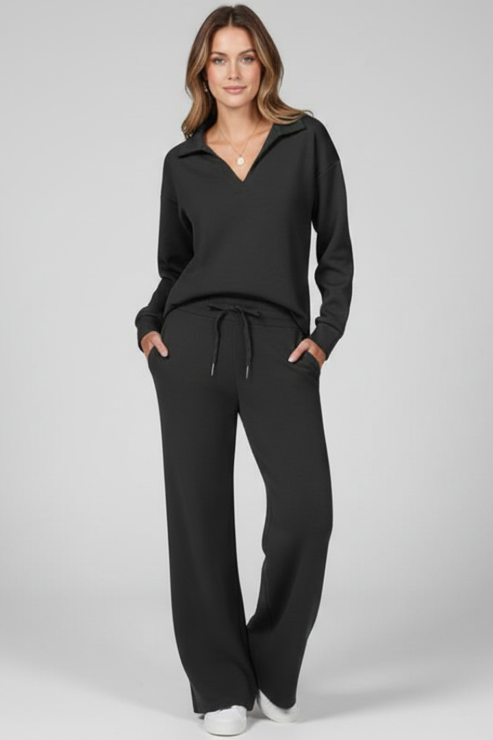 Women’s Two-Piece Set with V-Neck Top and Drawstring Trousers