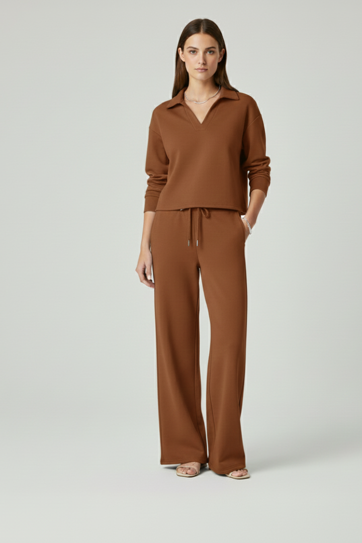 Women’s Two-Piece Set with V-Neck Top and Wide-Leg Pants