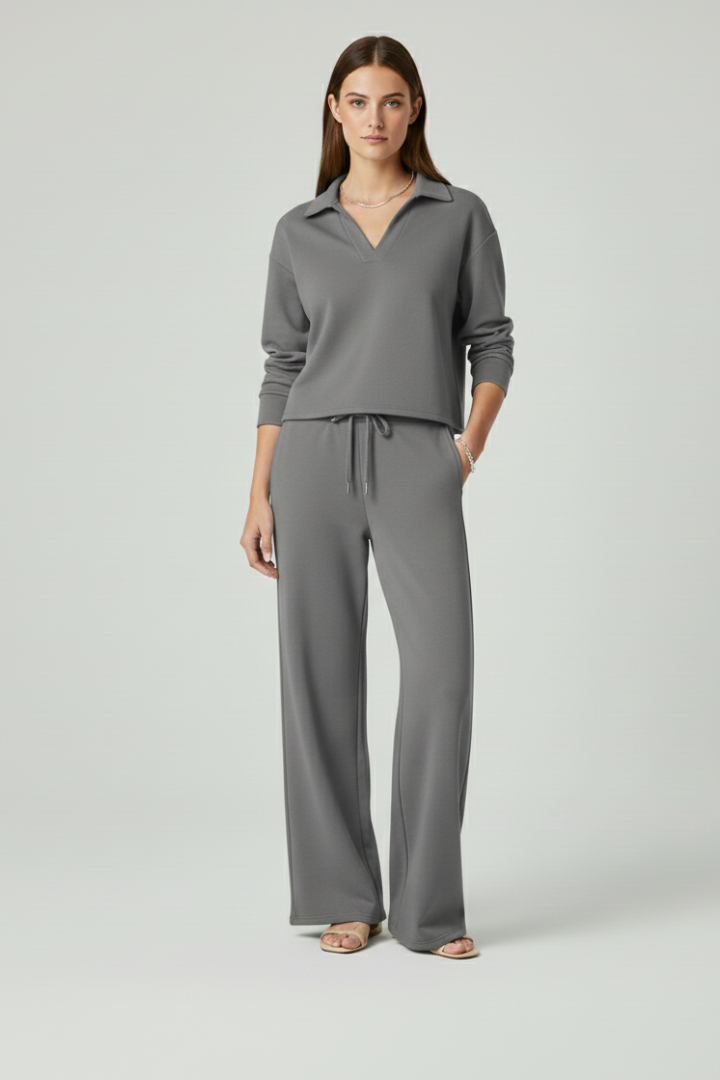 Women’s Two-Piece Set with V-Neck Top and Wide-Leg Pants