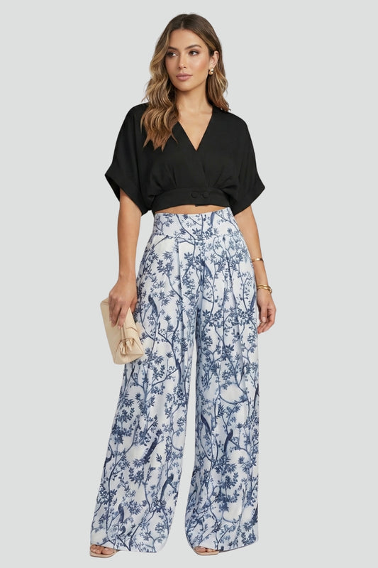 Women’s Two-Piece Set with V-Neck Top and Wide-Leg Trousers