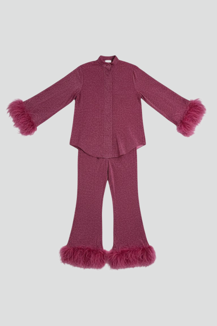 Women’s Two Piece Set with Button Shirt and Feather Trim