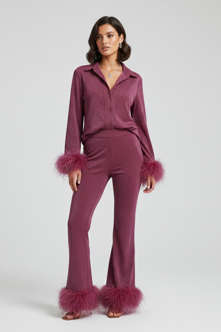 Women’s Two Piece Set with Button Shirt and Feather Trim