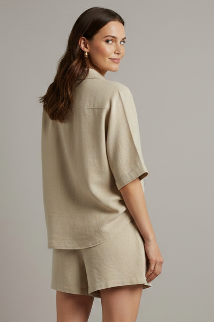 Women’s Two Piece Set with Collared Shirt and Shorts