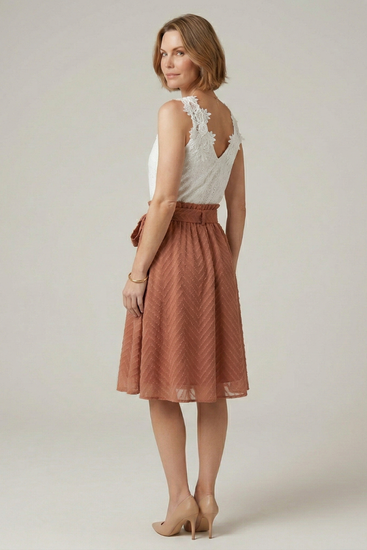 Women’s Two Piece Set with Lace Top and Flared Skirt