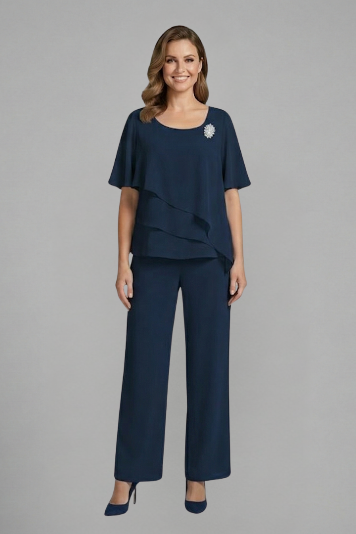 Women’s Two Piece Set with Layered Top and Straight Trousers