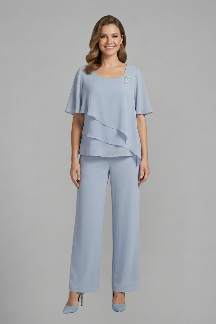 Women’s Two Piece Set with Layered Top and Straight Trousers