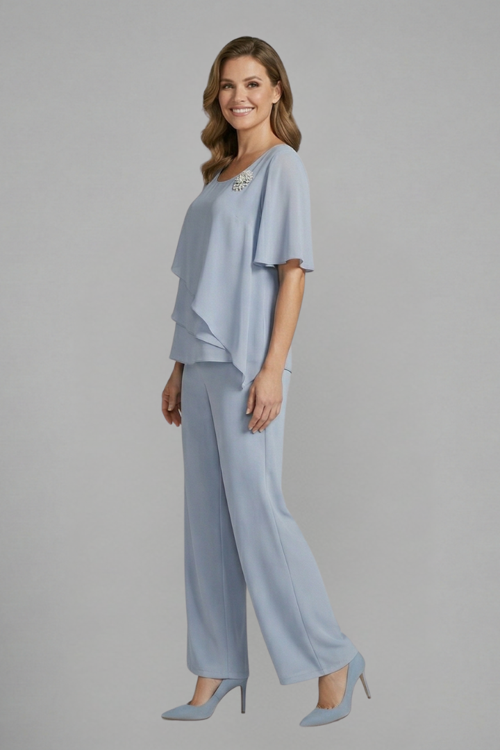 Women’s Two Piece Set with Layered Top and Straight Trousers