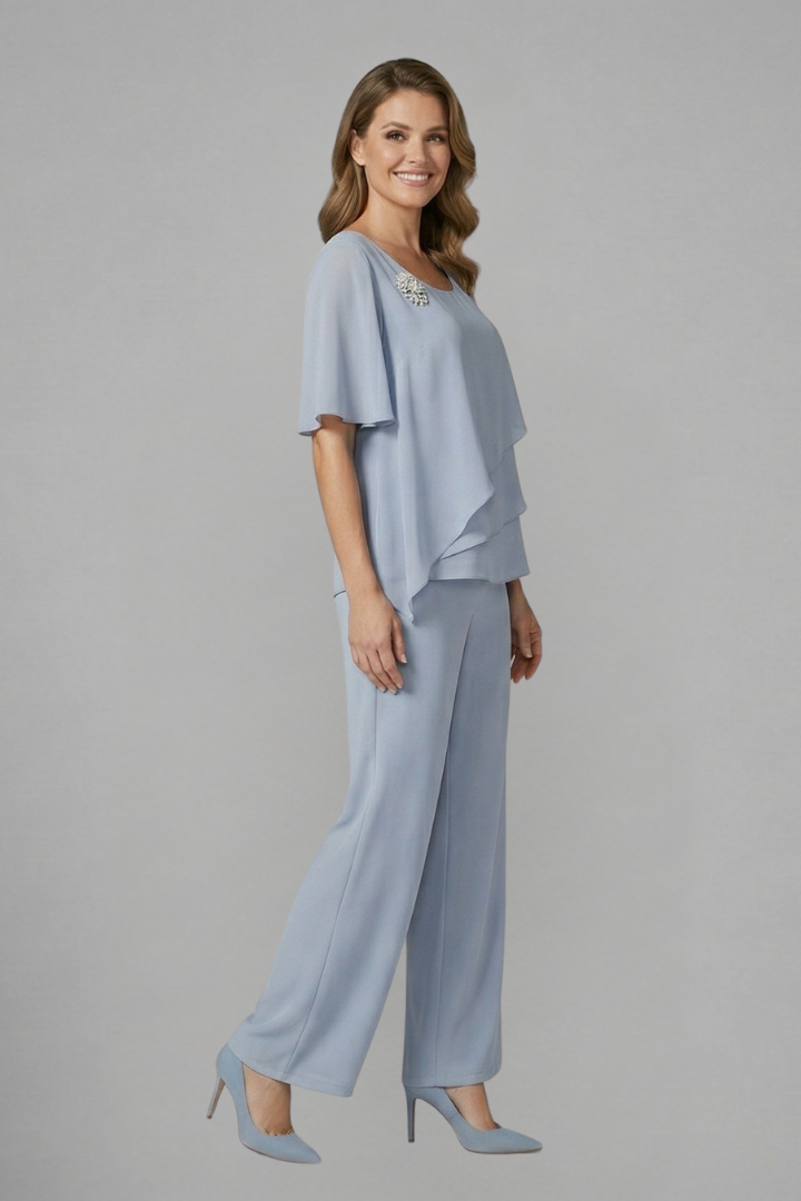 Women’s Two Piece Set with Layered Top and Straight Trousers