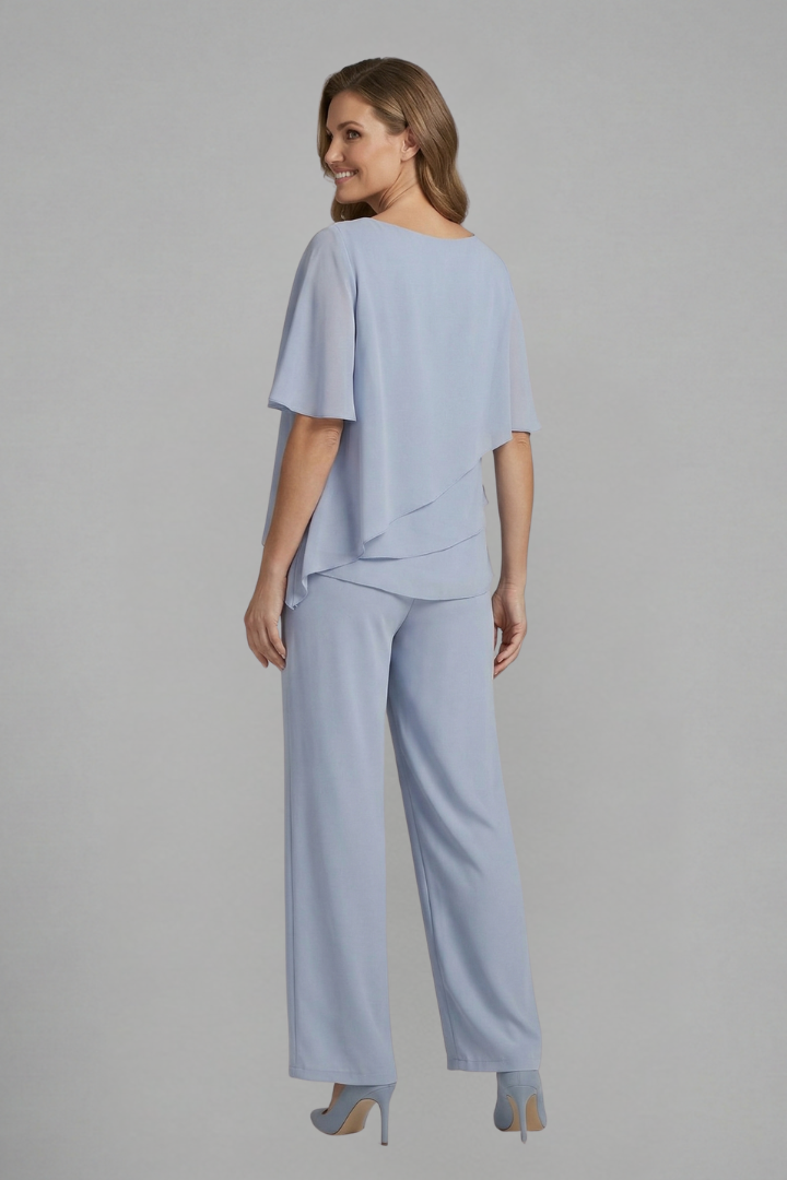 Women’s Two Piece Set with Layered Top and Straight Trousers
