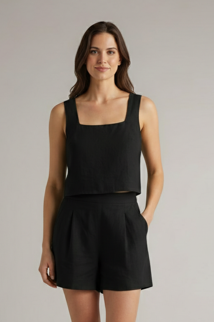 Women’s Two Piece Set with Square Neckline and Pleated Shorts