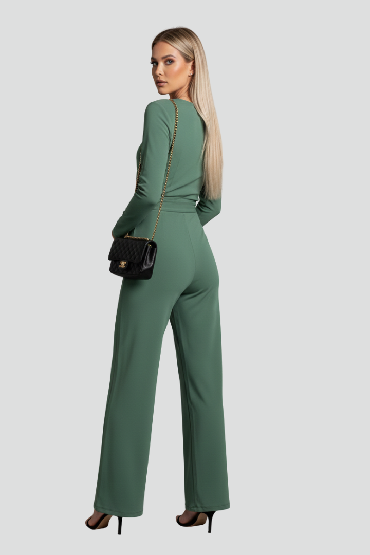 Women’s V-Neck Jumpsuit with Long Sleeves and Tie Waist