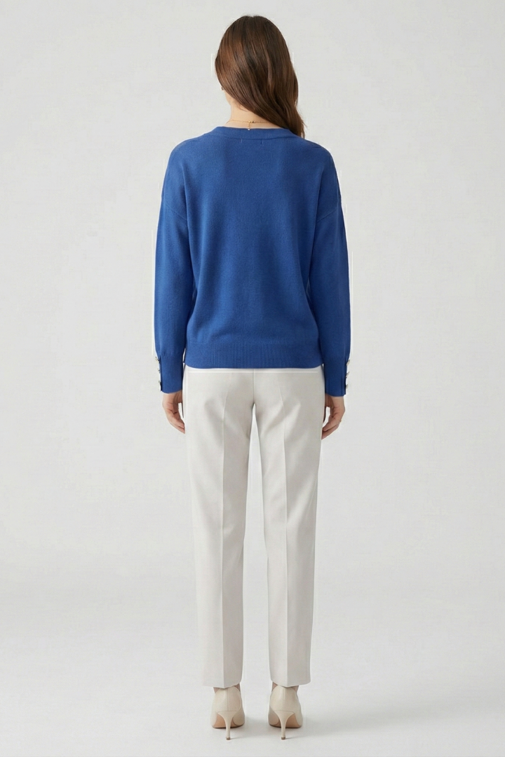 Women’s V-Neck Sweater with Dropped Shoulders and Buttoned Cuffs