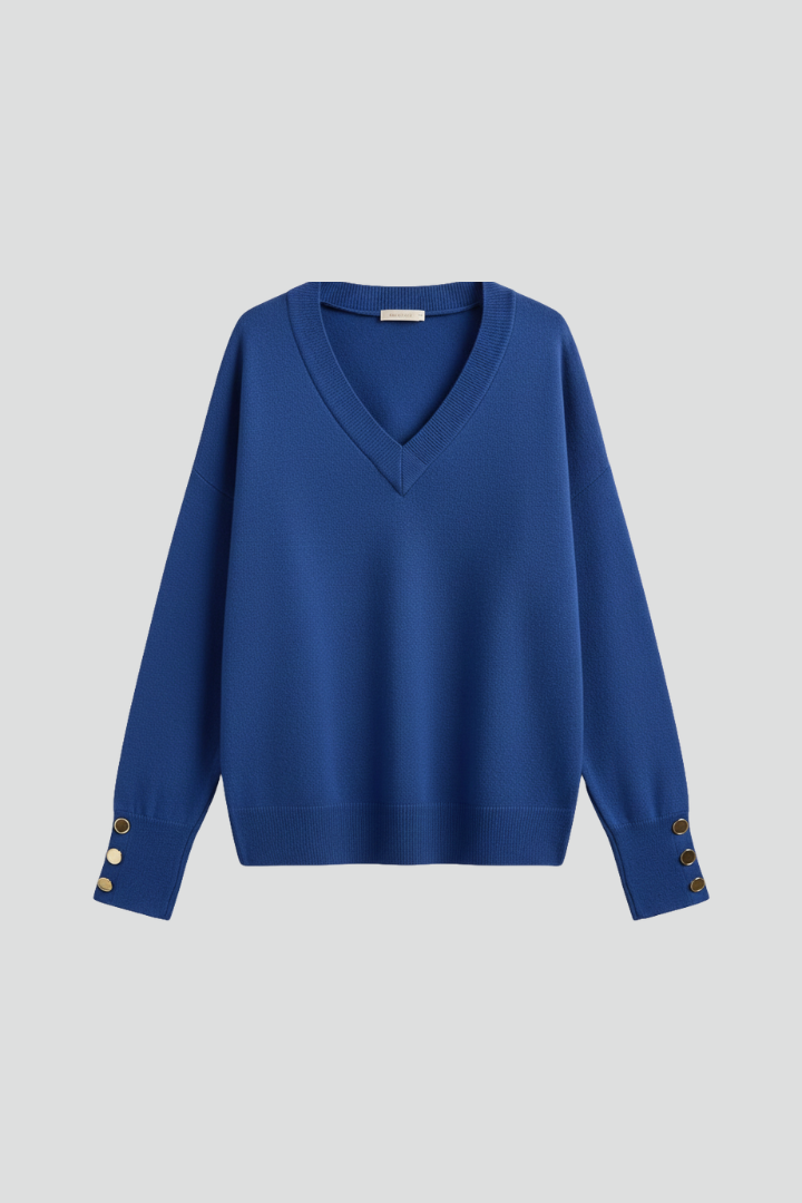 Women’s V-Neck Sweater with Dropped Shoulders and Buttoned Cuffs