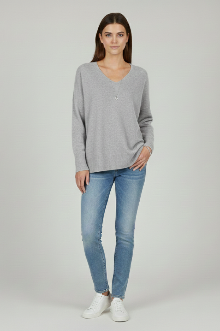 Women’s V-Neck Sweater with Dropped Shoulders and Straight Hem