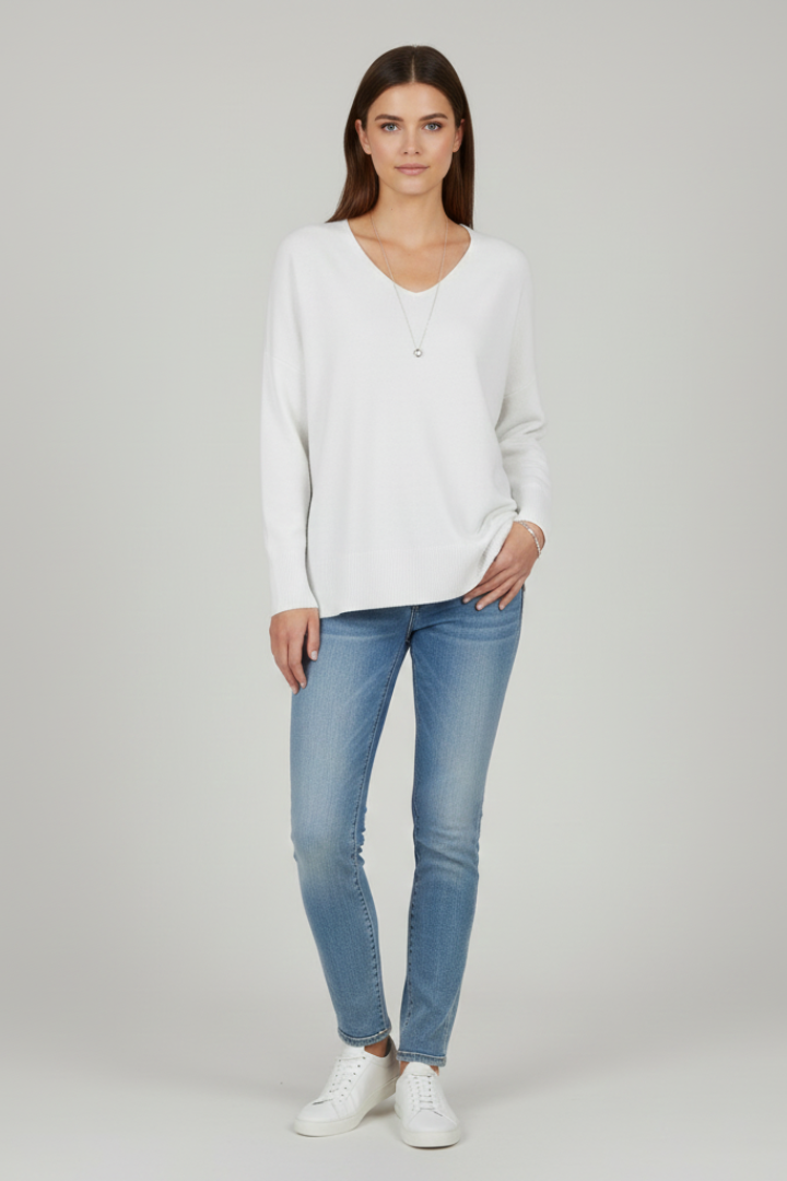 Women’s V-Neck Sweater with Dropped Shoulders and Straight Hem