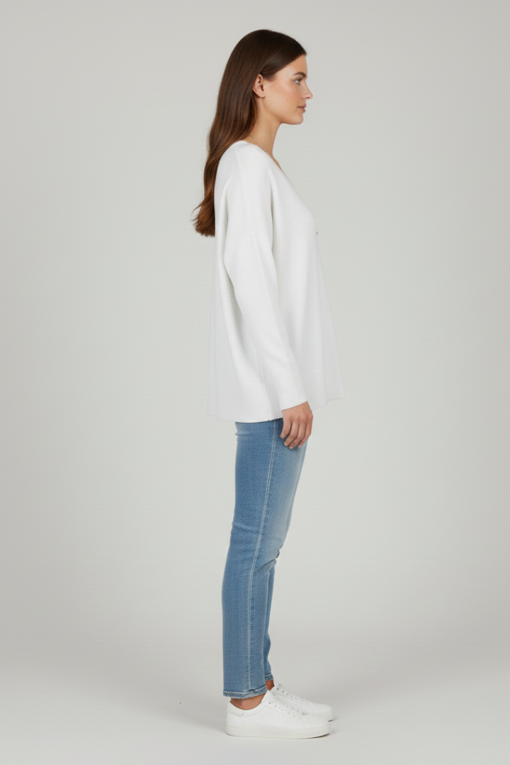 Women’s V-Neck Sweater with Dropped Shoulders and Straight Hem