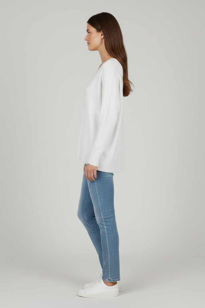 Women’s V-Neck Sweater with Dropped Shoulders and Straight Hem