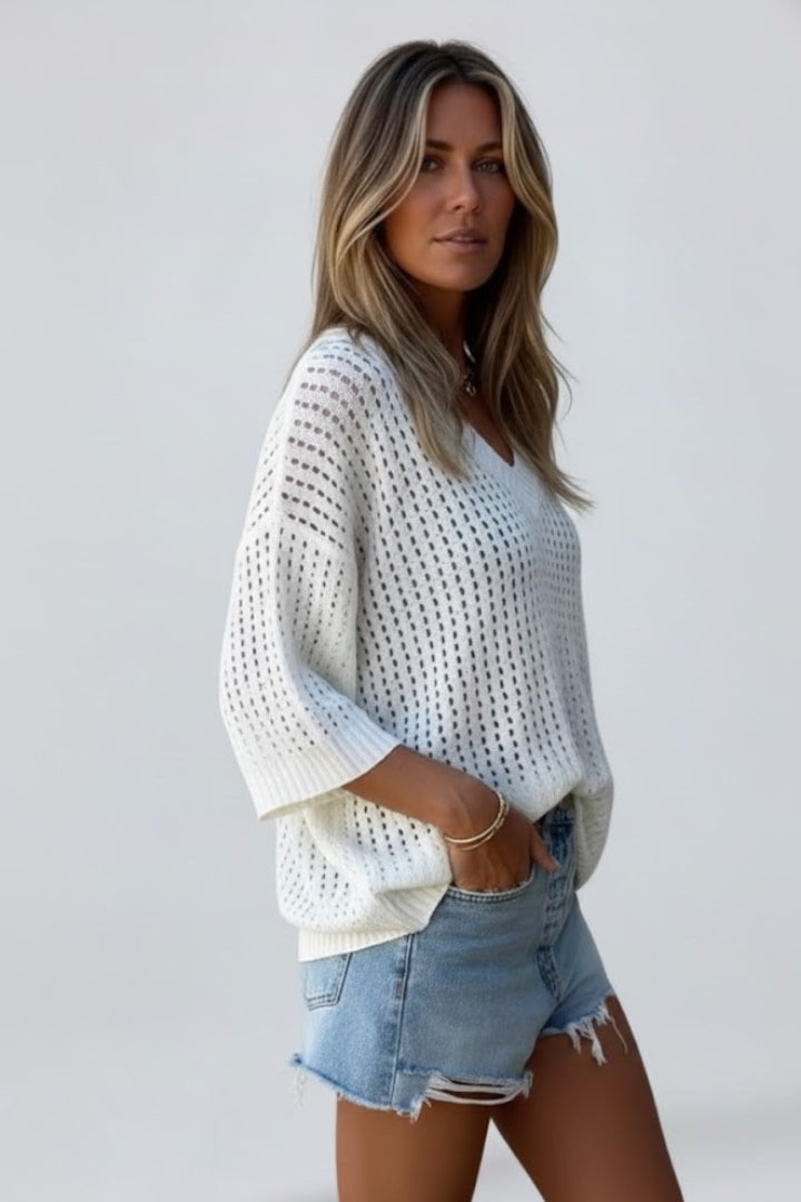 Women’s V Neck Blouse with Hollow Out Pattern