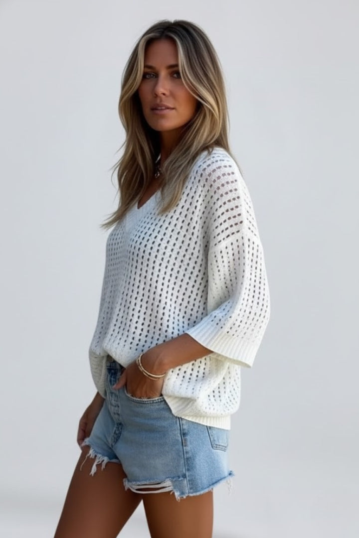 Women’s V Neck Blouse with Hollow Out Pattern